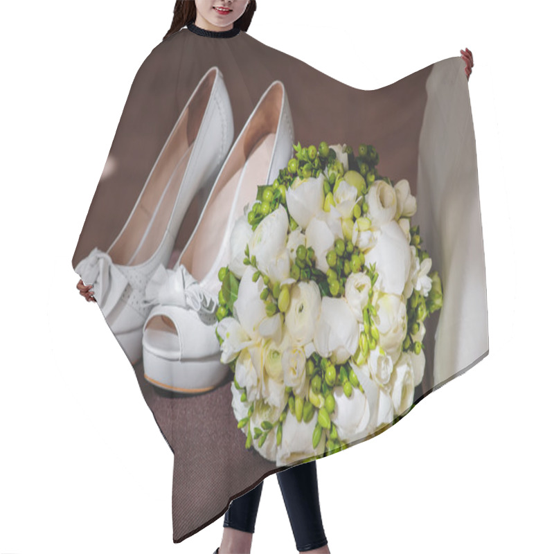 Personality  White Bridal Bouquet And White Shoes On The Brown Chair Hair Cutting Cape