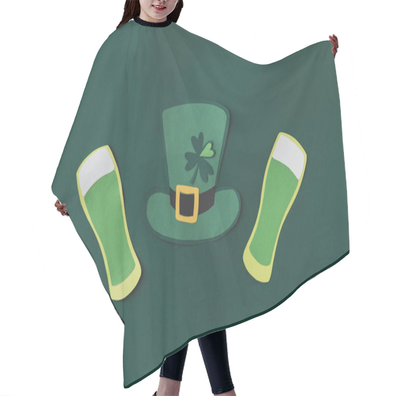 Personality  Top View Of Paper Decoration Of Green Hat And Beer For St Patricks Day Isolated On Green Hair Cutting Cape