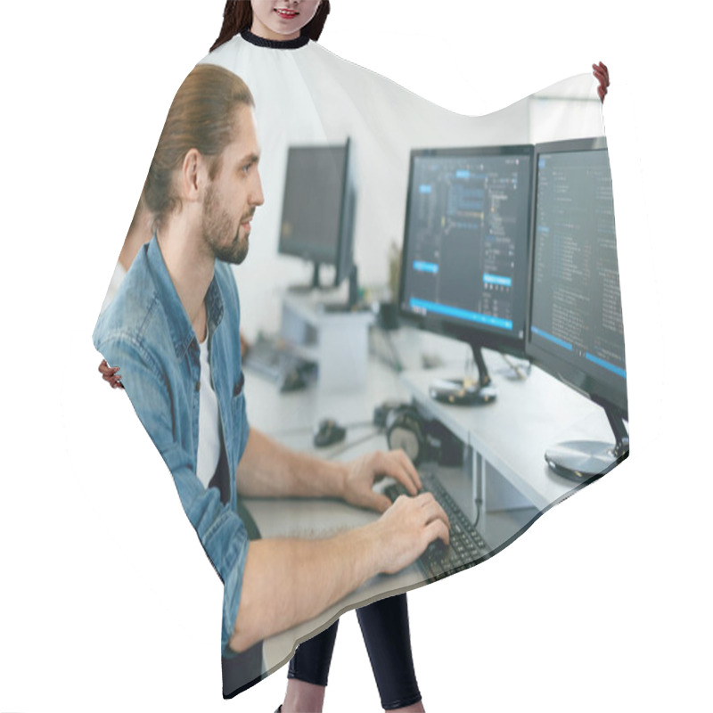 Personality  Programming. Man Working On Computer In IT Office Hair Cutting Cape