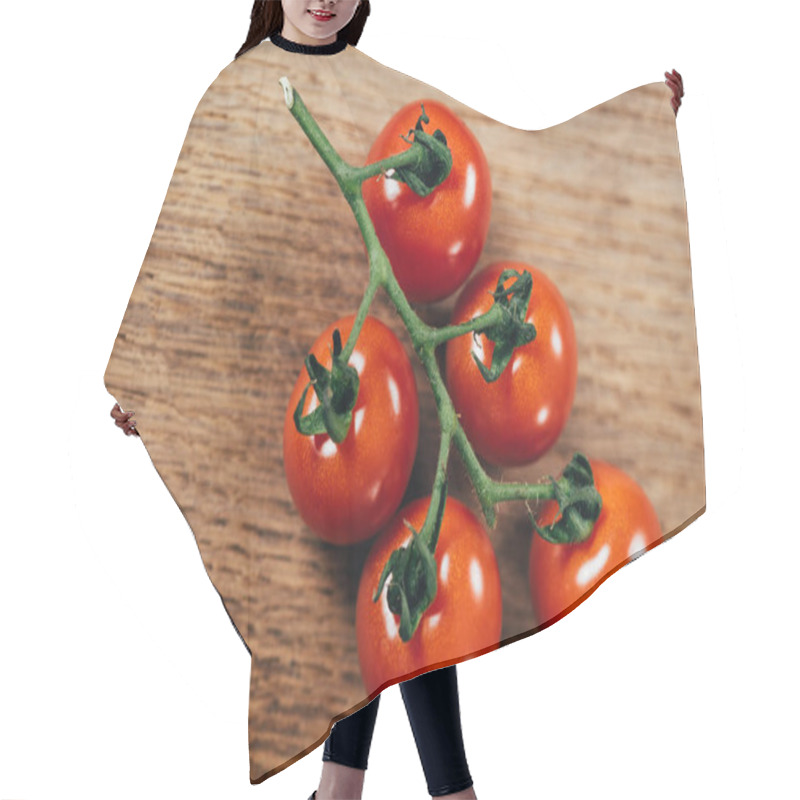 Personality  Top View Of Fresh Ripe Cherry Tomatoes On Wooden Table Hair Cutting Cape