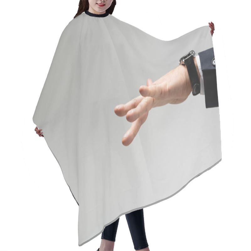 Personality  Cropped View Of Businessman Manipulating With Hand Isolated On Grey Hair Cutting Cape