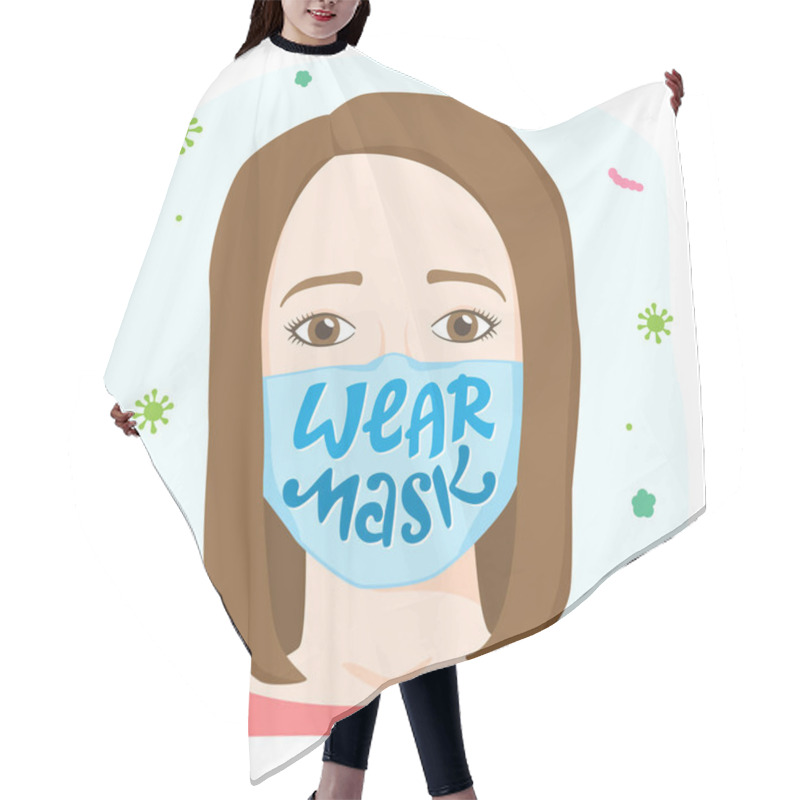 Personality  Wear Mask Lettering, Worried Woman Wearing Medical Face Mask With Sign, Personal Safety Apparel, Protective Gear, Virus And Bacterial Disease Precaution, Vector Illustration Hair Cutting Cape