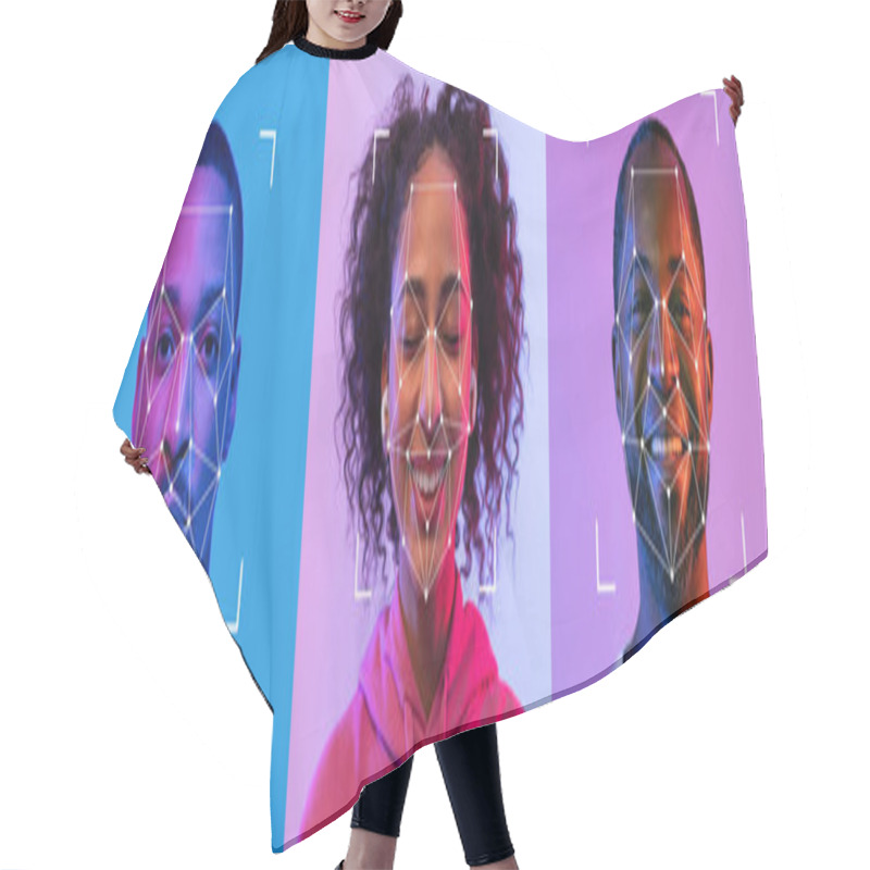 Personality  Three Individuals Demonstrate Facial Recognition Technology Against Vibrant Backgrounds, Each Showcasing Unique Expressions That Highlight The Techs Capabilities In An Engaging Way. Hair Cutting Cape