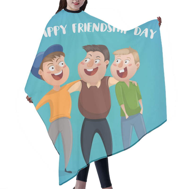 Personality  Happy Friendship Day. Three Friends Hug. Funny Cartoon Characters. Vector Illustration. Hair Cutting Cape