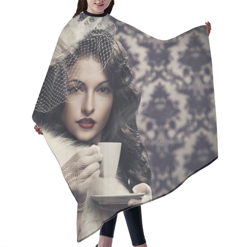 Personality  Young Beautiful Retro Lady Drinking Coffee Hair Cutting Cape