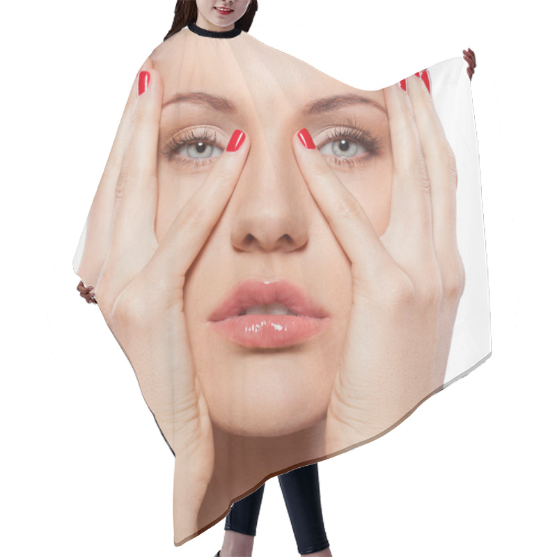 Personality  Woman With Hands On Face Hair Cutting Cape