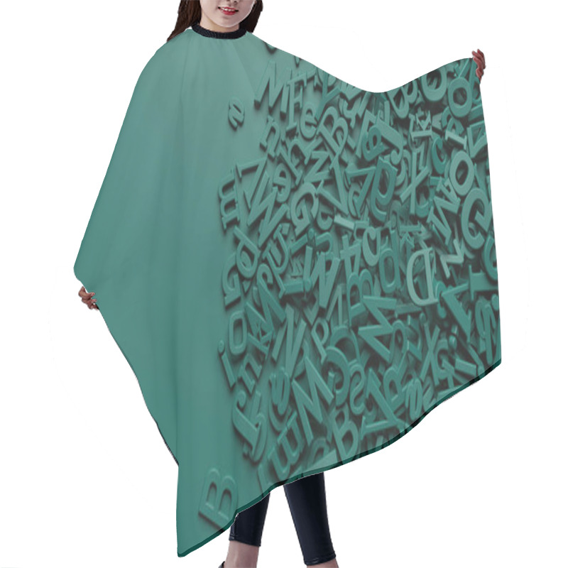 Personality  Rendering Of 3D Green Petrol Alphabet Letters Over Green Petrol Background Hair Cutting Cape