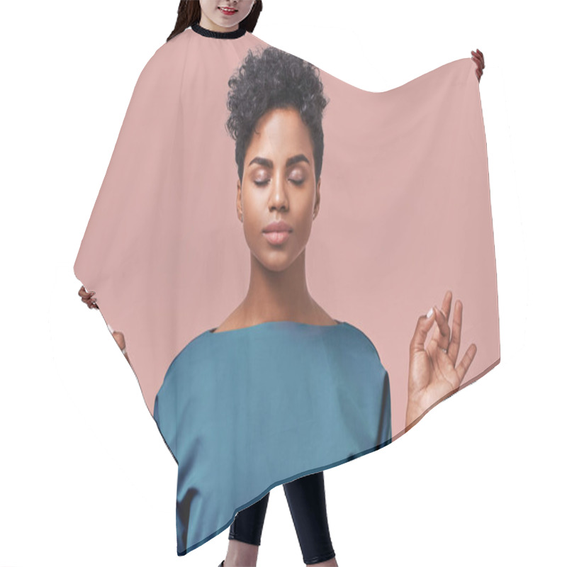 Personality  Calm Woman Relaxing Meditating, No Stress Free Relief At Work Concept, Mindful Peaceful Young Businesswoman Or Doctor Practicing Breathing Yoga Exercises On Isolated Over Beige Background. Hair Cutting Cape