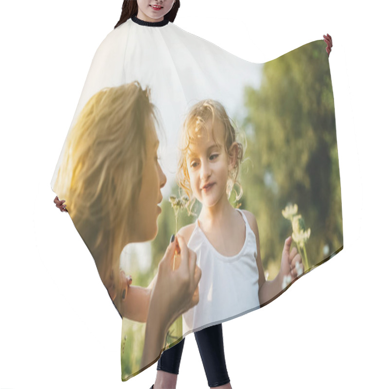 Personality  Mother Sniffing Field Flowers, Smiling Daughter Looking At Mom Hair Cutting Cape