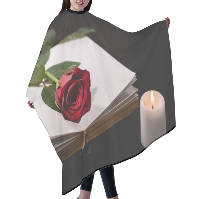 Personality  Red Rose On Holy Bible Near Candle On Black Background, Funeral Concept Hair Cutting Cape