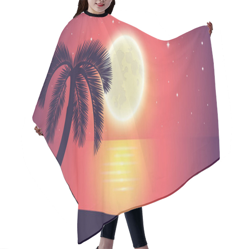 Personality  Romantic Night Full Moon By The Sea With Palm Tree Landscape Hair Cutting Cape