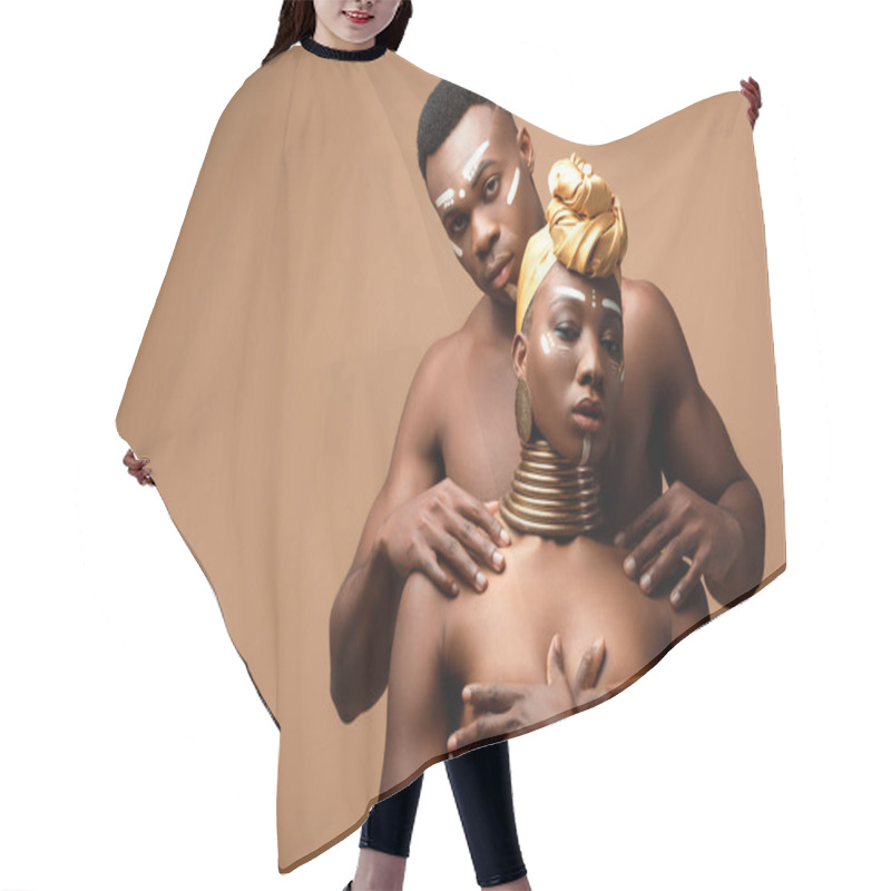 Personality  Naked Tribal Afro Couple Posing On Beige Background Hair Cutting Cape