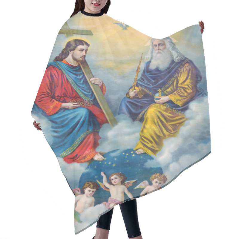 Personality  SEBECHLEBY, SLOVAKIA - FEBRUARY 27, 2016: Typical Catholic Image Of Holy Trinity Printed In Germany From The End Of 19. Cent. Originally Designed By Unknown Painter. Hair Cutting Cape