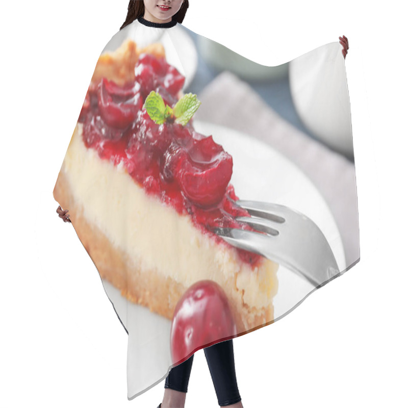 Personality  Delicious Cheesecake With Cherries On Plate, Closeup Hair Cutting Cape