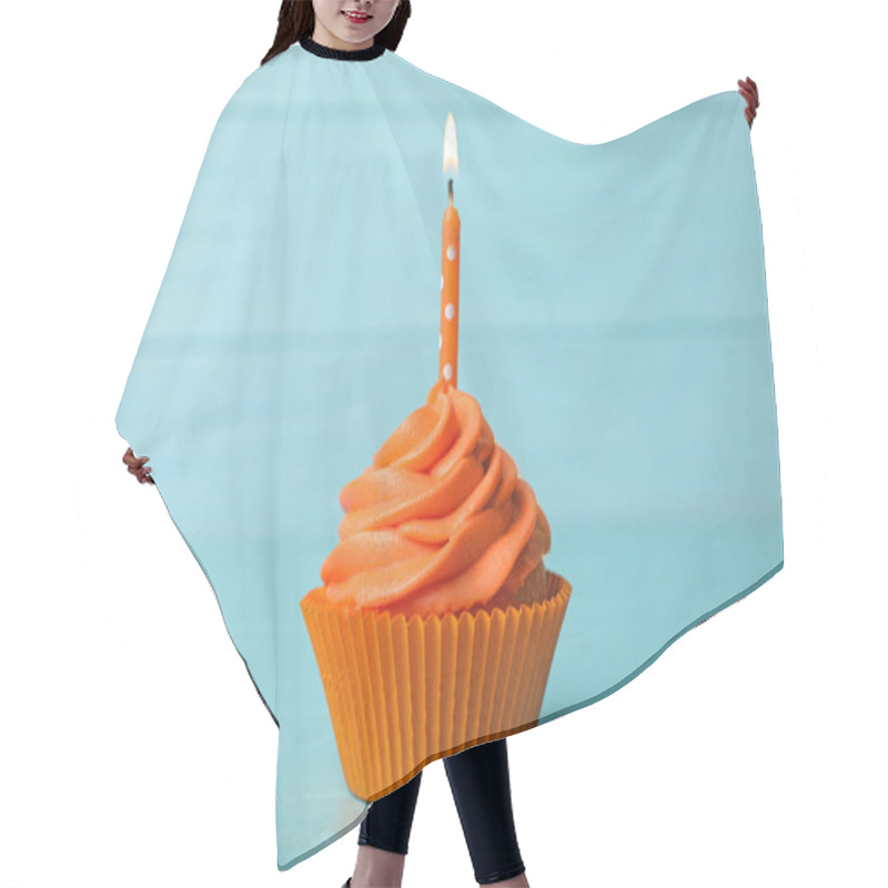 Personality  Delicious Birthday Cupcake With Cream And Burning Candle On Blue Wooden Background Hair Cutting Cape