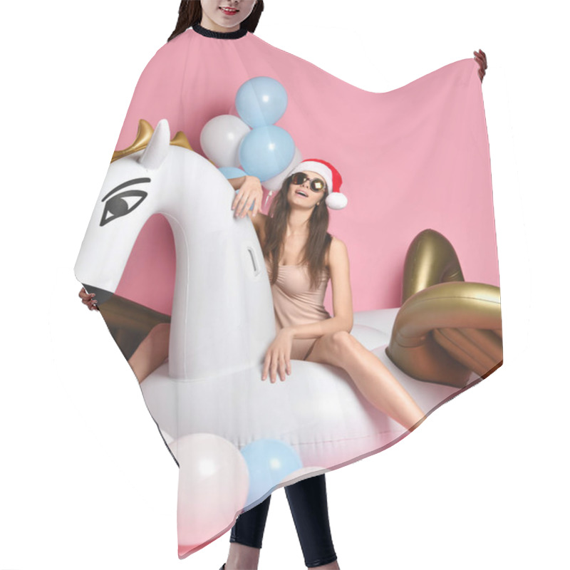 Personality  Young Girl With Pastel Air Balloons On Birthday Holiday Party Having Fun Celebrating With Unicorn Pegasus Float  Hair Cutting Cape