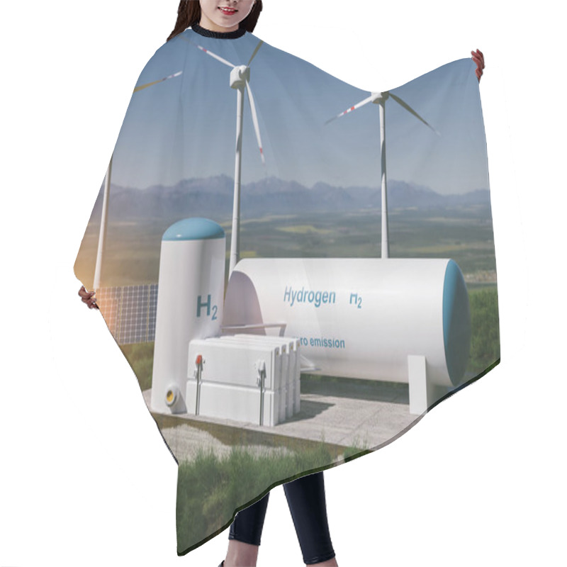 Personality  Hydrogen Renewable Energy Production - Hydrogen Gas For Clean Electricity Solar And Windturbine Facility. 3d Rendering. Hair Cutting Cape