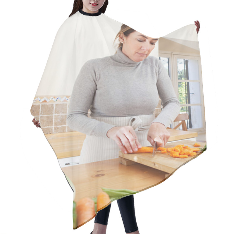 Personality  Woman  Cooking Vegetables Hair Cutting Cape