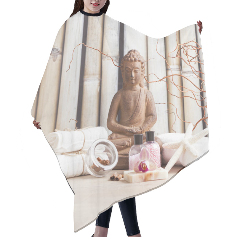 Personality  Wellness And Spa Concept With Buddha Figure Hair Cutting Cape