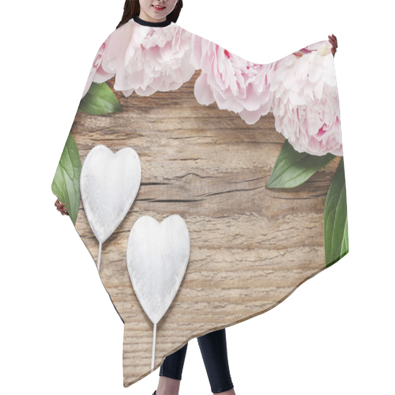 Personality  Stunning Pink Peonies On White Rustic Wooden Background. Hair Cutting Cape