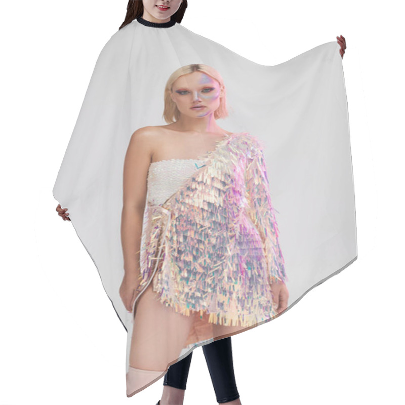 Personality  A Woman Showcases A Stunning Holographic Ensemble, Exuding Confidence And Grace. Hair Cutting Cape