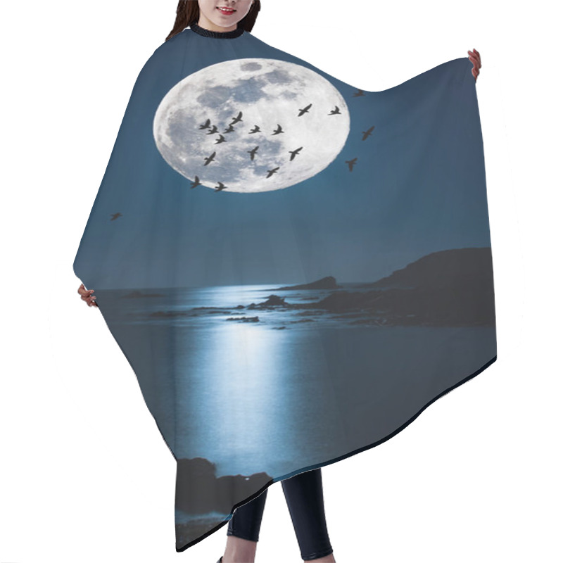 Personality  Night Landscape On The Coast With Super Moon Hair Cutting Cape