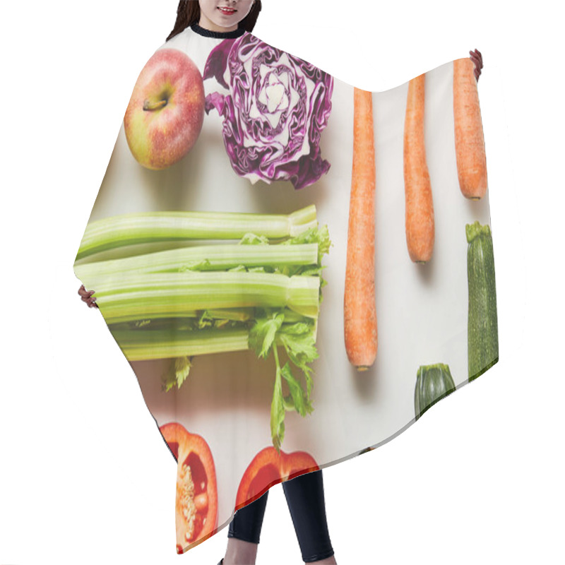 Personality  Flat Lay With Fresh Carrots, Leek, Apples, Bell Pepper And Zucchini On White Background Hair Cutting Cape