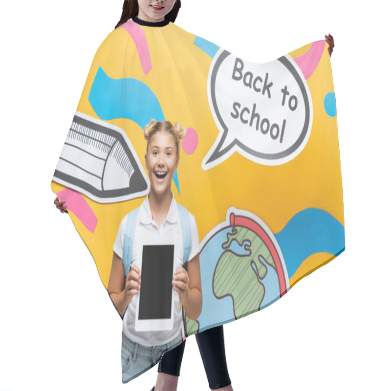 Personality  Schoolkid Holding Digital Tablet With Blank Screen Near Paper Craft And Speech Bubble On Yellow Background Hair Cutting Cape