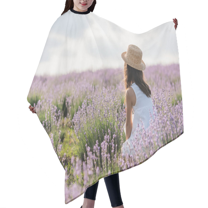 Personality  Back View Of Girl In Straw Hat And White Dress Sitting In Meadow With Lavender Hair Cutting Cape