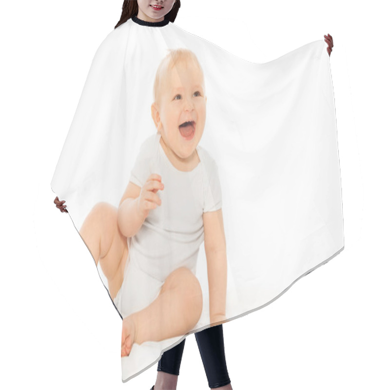 Personality  Happy Laughing Baby In White Bodysuit Hair Cutting Cape