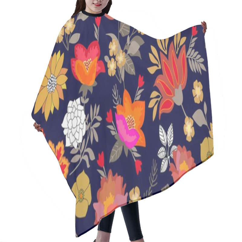 Personality  Folk Art Style Border. Seamless Floral Pattern With Blooming Flowers And Grey Leaves.  Hair Cutting Cape