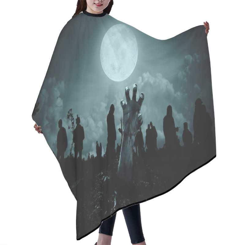 Personality  Zombie Hand Coming Out From The Grave On A Full Moon Night. Spooky Halloween Background Hair Cutting Cape