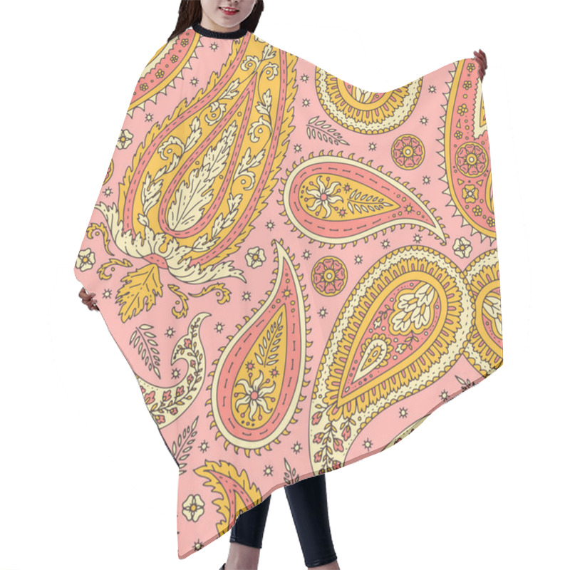 Personality  Colorful Seamless Pattern With Yellow Paisley Motifs On Pink Background. Traditional Indian Repeat Design. Hair Cutting Cape