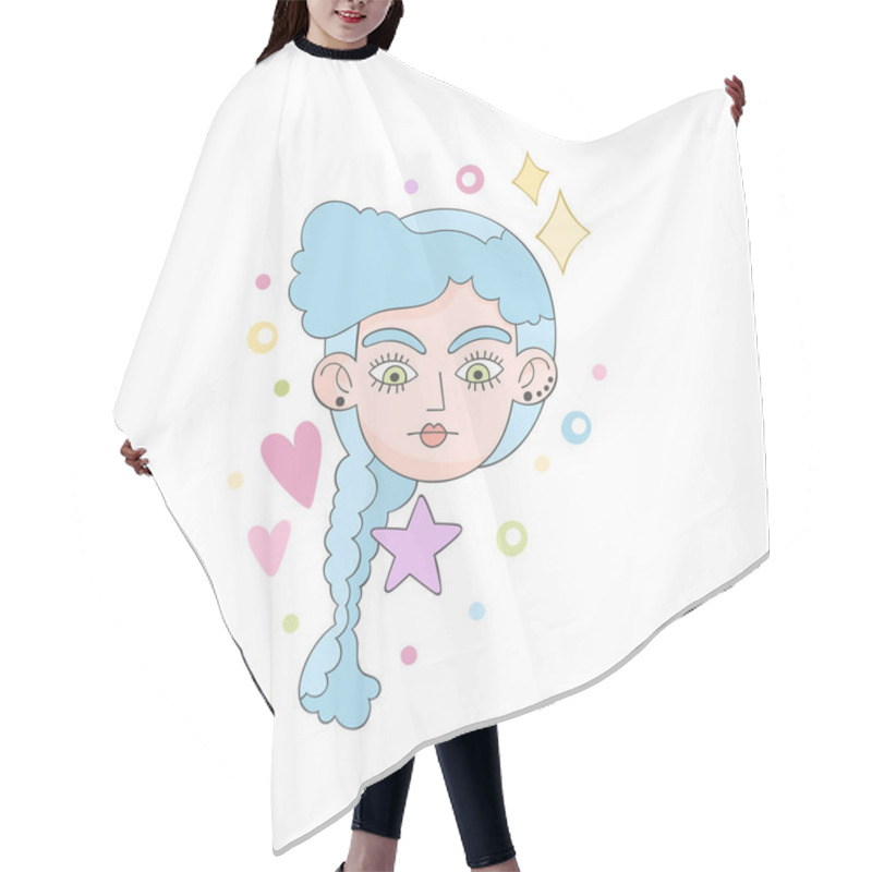 Personality  Beautiful Girl. Cartoon Character. Crazy Hairstyle Model Art. Hearts, Stars, Dots And Sparkles. Isolated Vector Object On White Background. Hair Cutting Cape