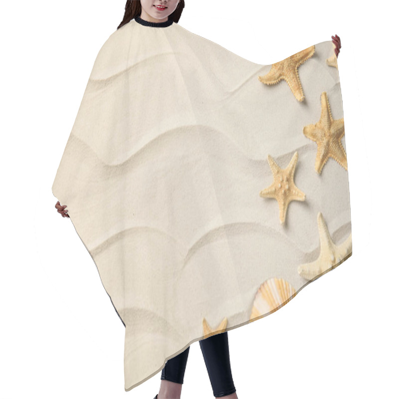 Personality  Beautiful Sea Stars And Shell On Sand, Flat Lay. Space For Text Hair Cutting Cape