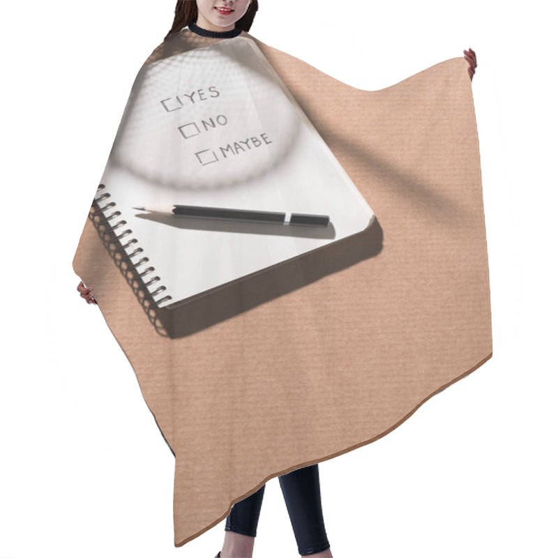 Personality  Top View Of Graphite Pencil And Textbook With Lettering Yes, No And Maybe On Cardboard  Hair Cutting Cape