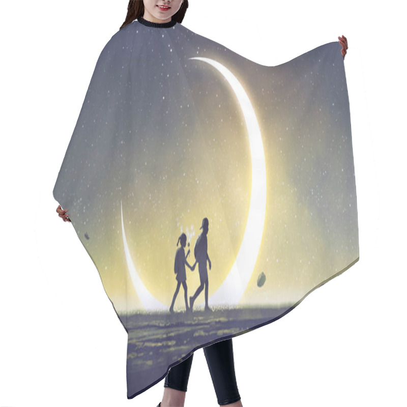 Personality  Night Scenery Showing A Brother And Sister Holding Hands Walking Above The Sky With The Crescent In The Starry Night, Digital Art Style, Illustration Paintin Hair Cutting Cape