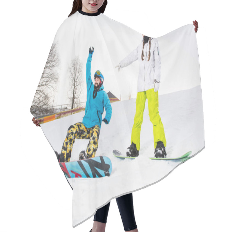 Personality  Young Couple Of Snowboarders Hair Cutting Cape