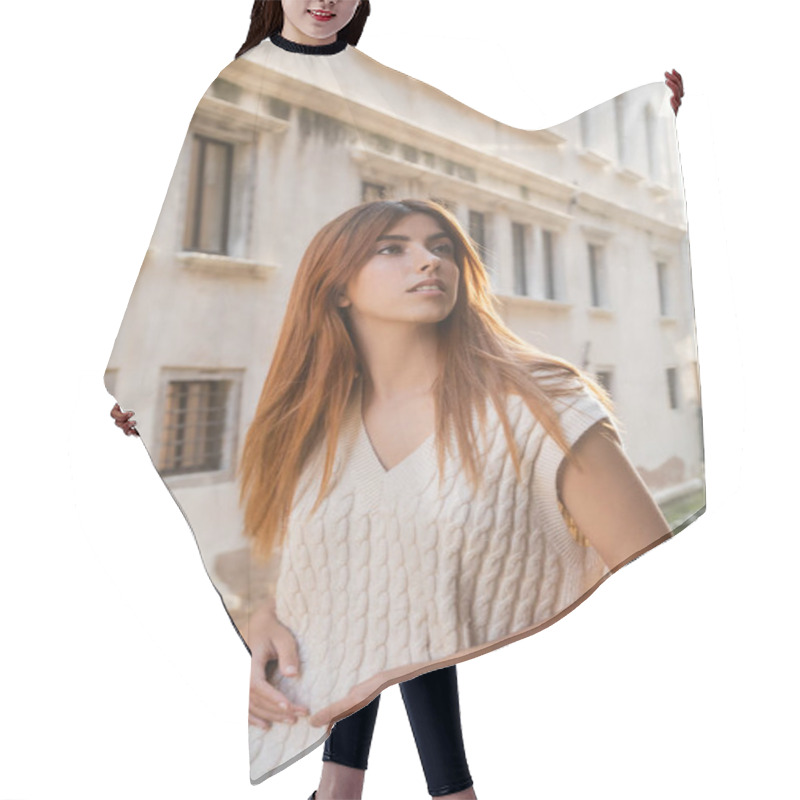 Personality  Young Redhead Woman Looking Away Near Blurred Medieval Building In Venice Hair Cutting Cape