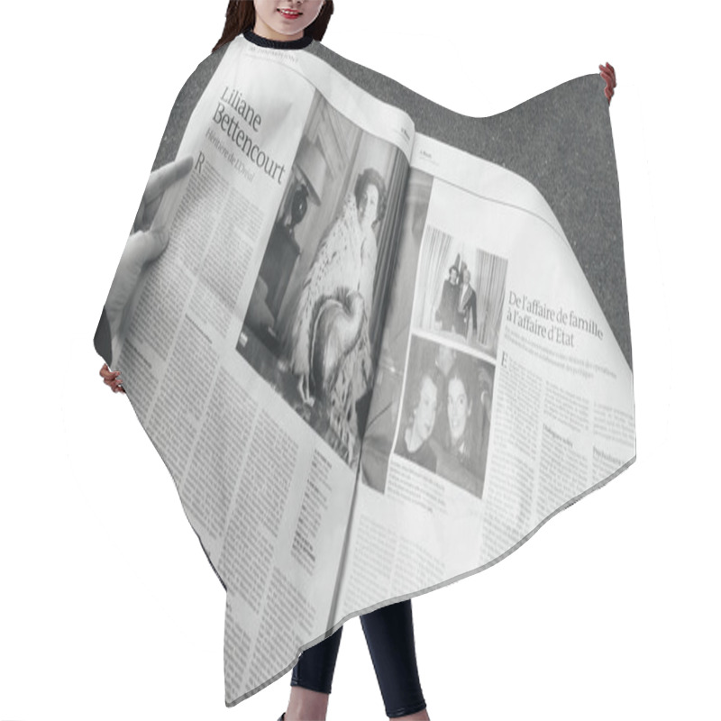 Personality  Iew From Above Of Woman Reading Latest Newspaper Le Monde With P Hair Cutting Cape