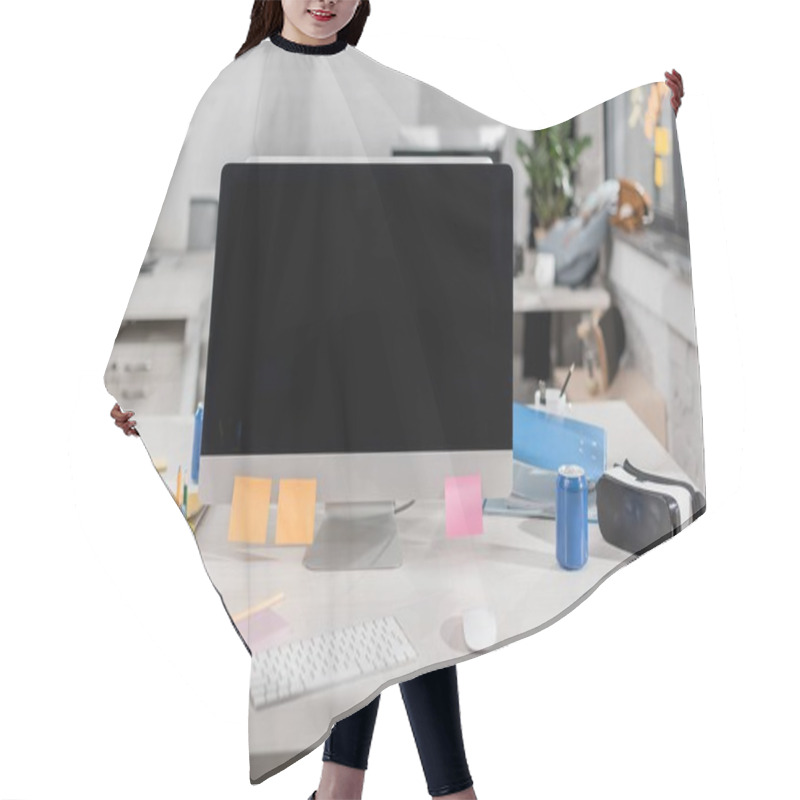 Personality  Modern Computer With Blank Screen At Workplace In Office Hair Cutting Cape