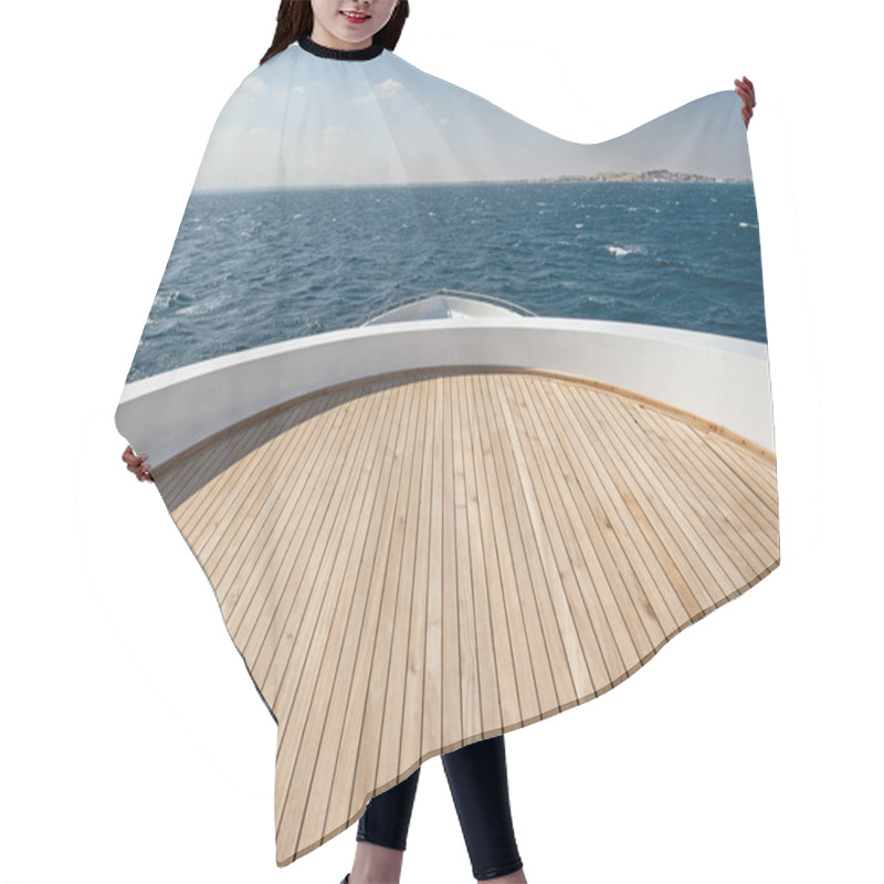 Personality  Teak Bow Deck Of A Large Luxury Motor Yacht Out At Sea With A Tropical Ocean View Background Hair Cutting Cape