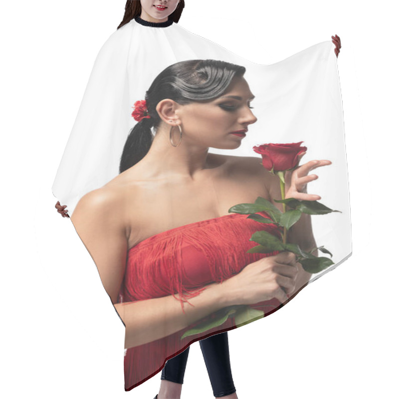 Personality  Attractive, Elegant Tango Dancer In Dress With Fringe Holding Red Rose Isolated On White Hair Cutting Cape