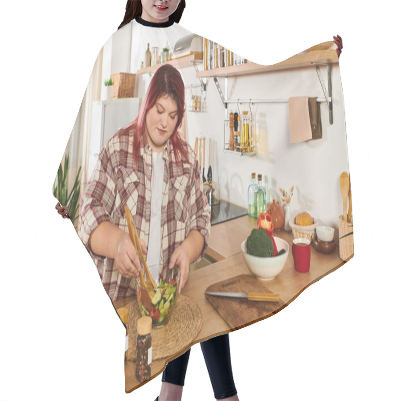 Personality  Bright And Inviting Kitchen Showcases A Plus Size Woman Joyfully Making A Fresh Salad. Hair Cutting Cape