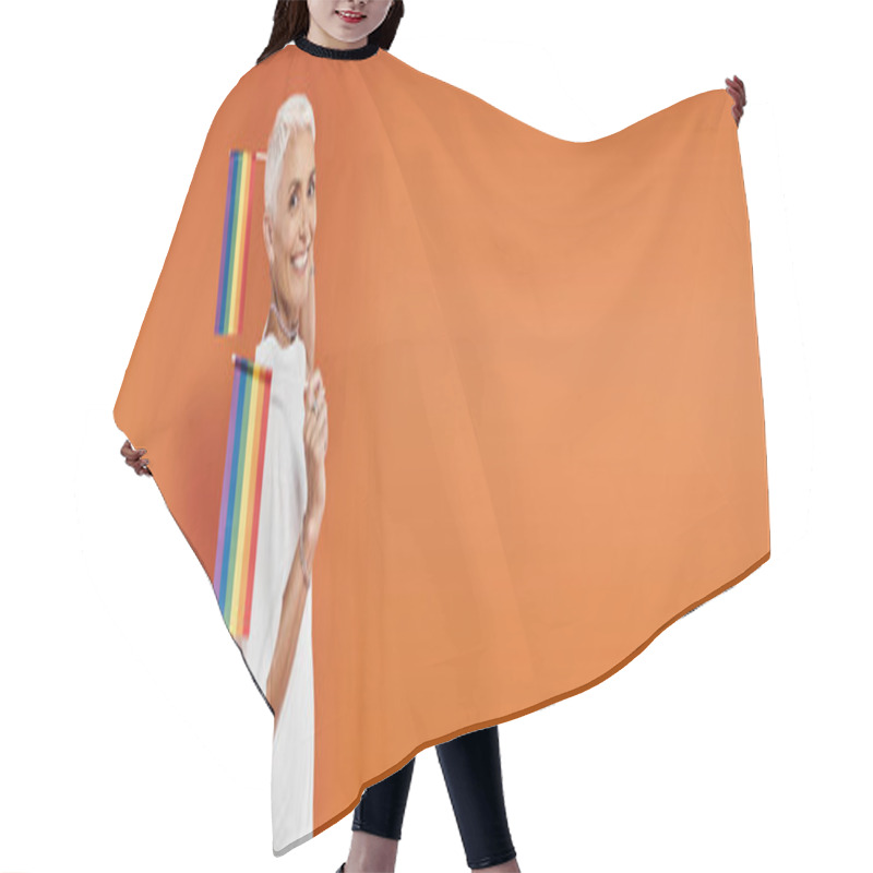 Personality  Cheerful Woman Proudly Showcasing Rainbow Flags With A Stylish Outfit. Hair Cutting Cape