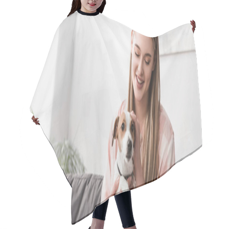 Personality  Smiling Woman Cuddling Jack Russell Terrier At Home, Banner Hair Cutting Cape