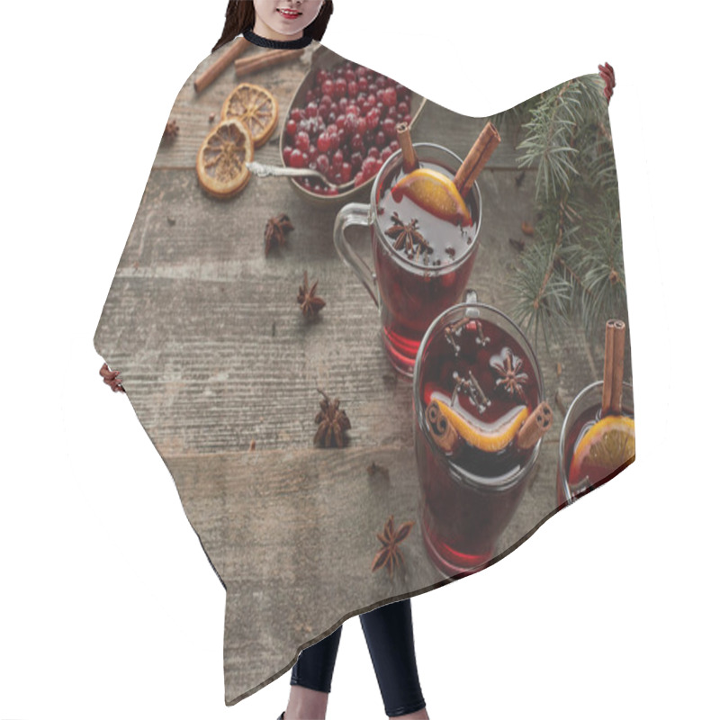 Personality  Red Spiced Mulled Wine Near Fir Branch, Berries, Anise, Orange Slices And Cinnamon On Wooden Rustic Table Hair Cutting Cape