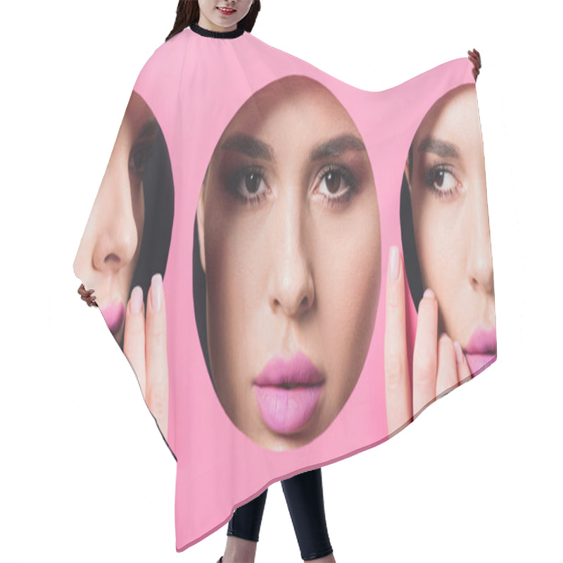 Personality  Collage Of Woman With Smoky Eyes And Pink Lips Looking Across Hole And Touching Paper, Panoramic Shot Hair Cutting Cape