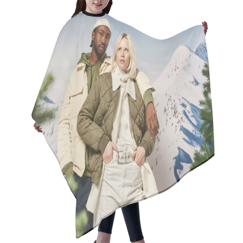 Personality  Stylish Diverse Couple With Mountain On Backdrop, Arm On Shoulder, Hands In Pockets, Winter Concept Hair Cutting Cape