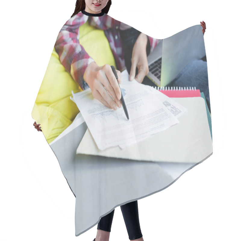 Personality  Cropped View Of Woman With Pen Reading Document Hair Cutting Cape